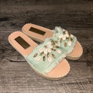 Embellished Mint Green Slide Sandals